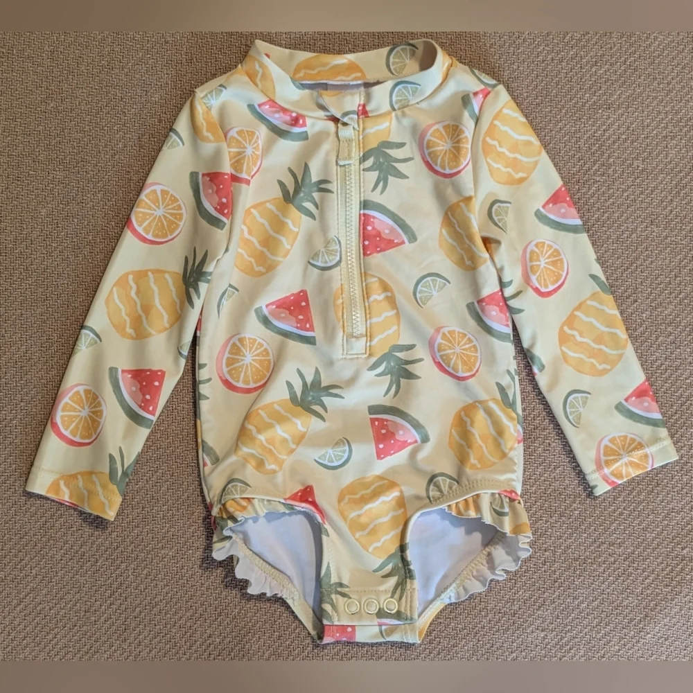 Carter's Baby Girls Yellow Fruit Patterned Long Sleeve One Piece Swimsuit